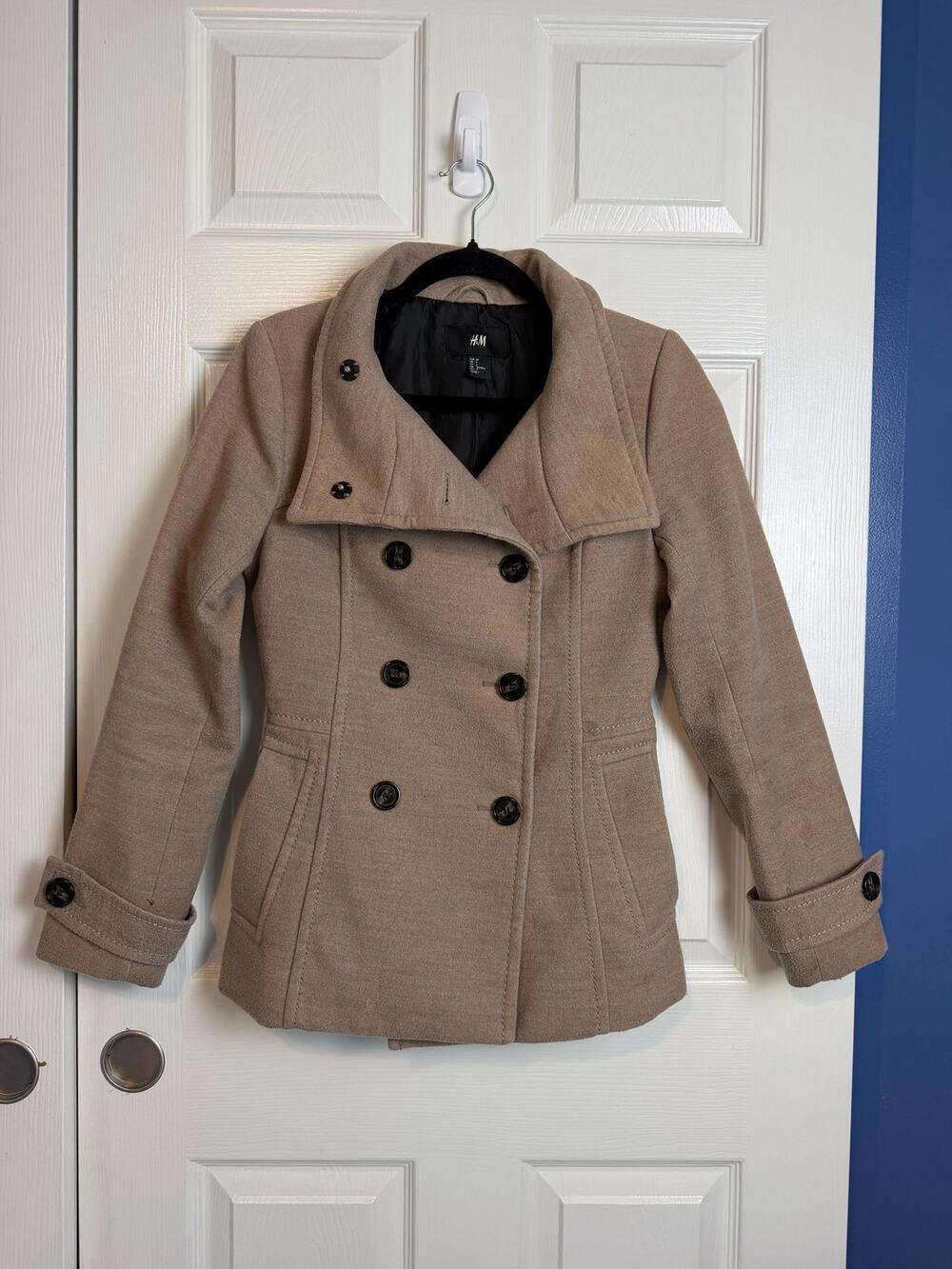 H&M Women's Peacoat Size 4 Tan Double Breasted Funnel Collar Jacket